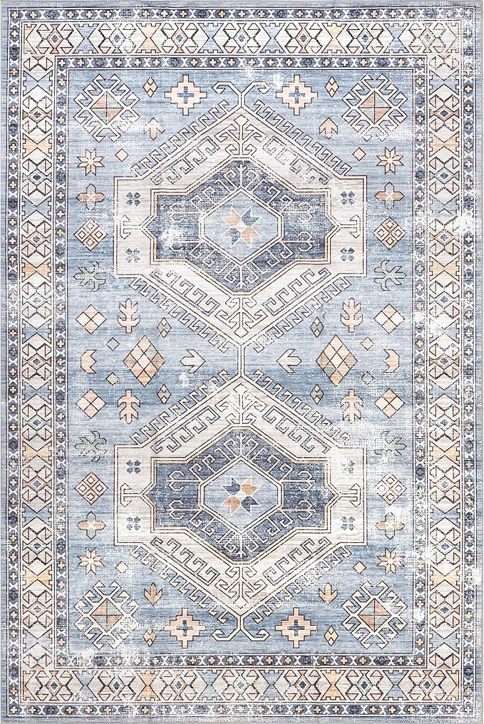 nuLOOM 5' x 8' SpinClean Machine Washable Stain-Resistant Area Rug with Non Slip Backing, Low Profile for Living Room, Bedroom, and Dining Room, Mae Light Blue
