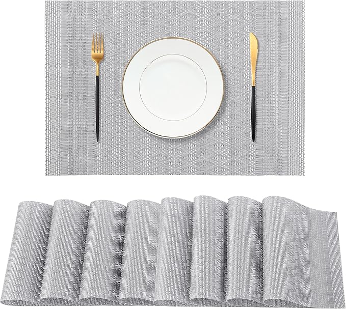 Leetaltree Lunar Grey Placemats Set of 8 - Heat Resistant Non-Slip Place mats for Dining Table, Washable Durable PVC Vinyl Woven Table Mats(Lunar Grey, 8)