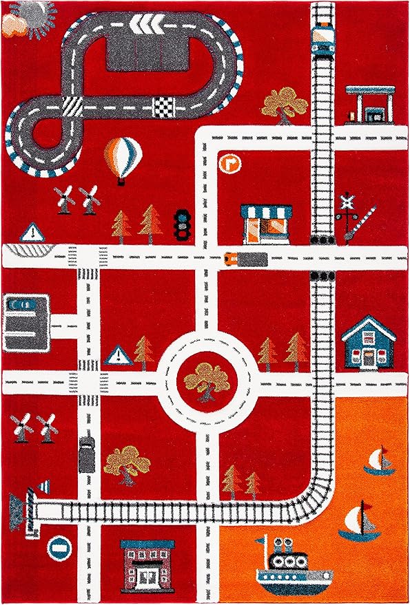 SAFAVIEH Carousel Kids Collection Area Rug - 5'3" x 7'6", Red & Ivory, Non-Shedding & Easy Care, Ideal for High Traffic Areas for Boys & Girls in Playroom, Nursery, Bedroom (CRK192Q)