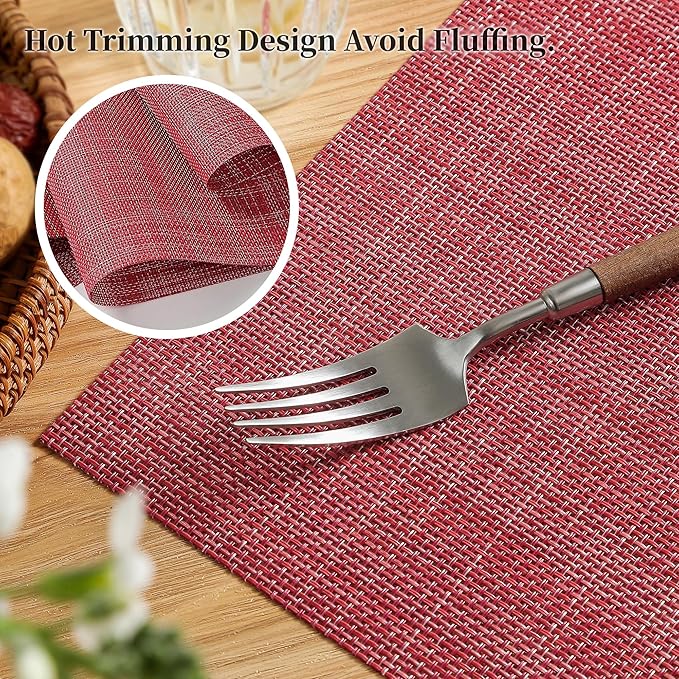 Leetaltree Red Placemats Set of 4 - Heat Resistant Non-Slip Place mats for Dining Table, Washable Durable PVC Vinyl Woven Table Mats(Red, 4)