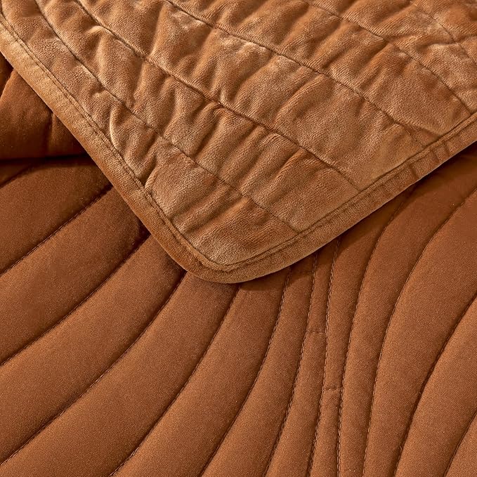 HoneiLife Velvet Quilts Queen Size - Lightweight Bedspreads 3-Pieces, Solid Coverlets Queen Quilt Bedding Sets, Wavy Quilt Sets for All Season Use-Camel