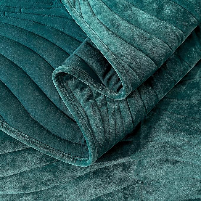 HoneiLife Queen Size Quilt Sets - Velvet Quilt for Queen Beds, Lightweight Bedspreads Solid Coverlets Queen Quilt Bedding Sets 3-Pieces, Blue-Green