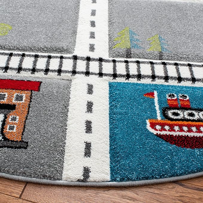 SAFAVIEH Carousel Kids Collection 5'3" Round Grey/Ivory CRK192F Neighborhood Non-Shedding Playroom Nursery Bedroom Area Rug