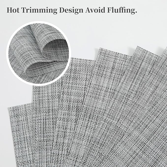 Leetaltree Linen Grey Placemats Set of 8 - Heat Resistant Non-Slip Place mats for Dining Table, Washable Durable PVC Vinyl Woven Table Mats(Linen Grey, 8)