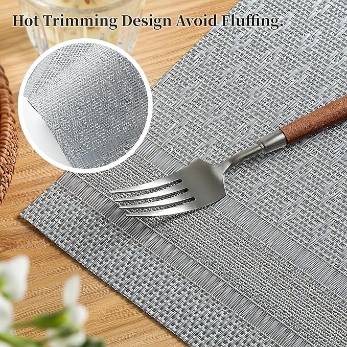 Leetaltree Lunar Grey Placemats Set of 12 - Heat Resistant Non-Slip Place mats for Dining Table, Washable Durable PVC Vinyl Woven Table Mats(Lunar Grey, 12)