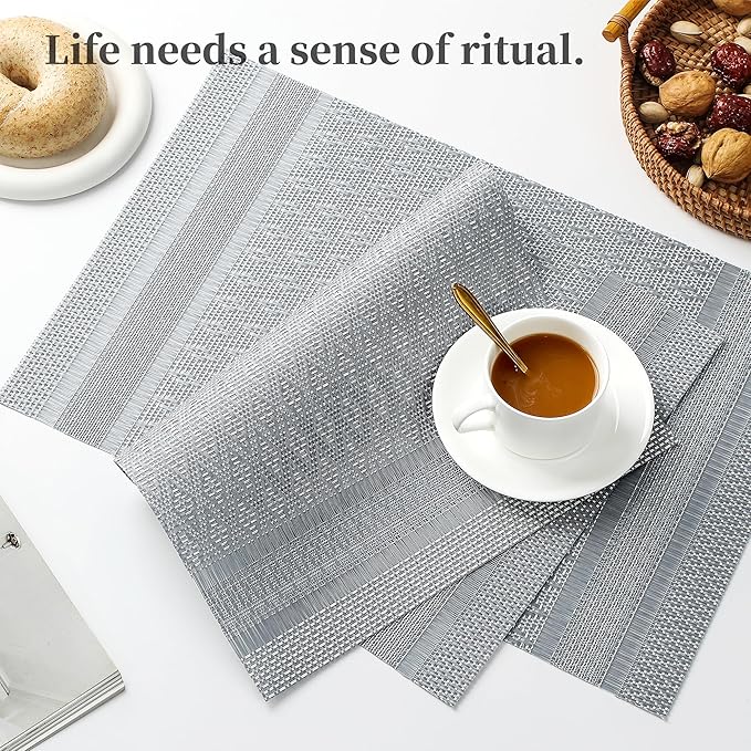 Leetaltree Lunar Grey Placemats Set of 12 - Heat Resistant Non-Slip Place mats for Dining Table, Washable Durable PVC Vinyl Woven Table Mats(Lunar Grey, 12)