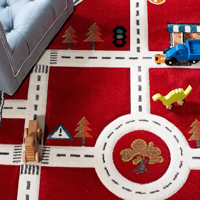 SAFAVIEH Carousel Kids Collection Area Rug - 5'3" Square, Red & Ivory, Non-Shedding & Easy Care, Ideal for High Traffic Areas for Boys & Girls in Playroom, Nursery, Bedroom (CRK192Q)