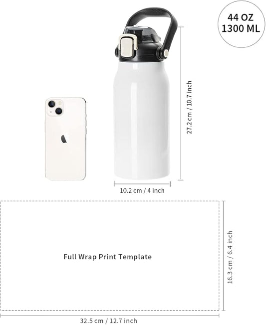 PYD Life Sublimation Water Bottles Vacuum Flasks 44 OZ White with Portable Sippy Up Lid and Straw Large Stainless Steel Travel Tumblers Cups Mugs for Tumbler Heat Press 2 Pack