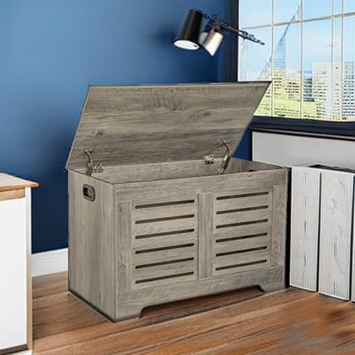 DINZI LVJ Storage Chest, Flip-Top Wooden Toy Box with 2 Safety Hinges, Entryway Shoe Storage Bench, Good Ventilation, Storage Trunk for Living Room, Bedroom, Easy Assembly, Grey Wash