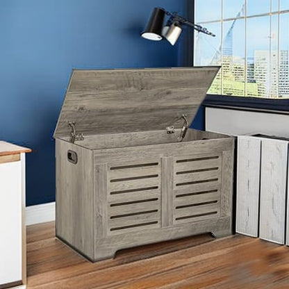DINZI LVJ Storage Chest, Flip-Top Wooden Toy Box with 2 Safety Hinges, Entryway Shoe Storage Bench, Good Ventilation, Storage Trunk for Living Room, Bedroom, Easy Assembly, Grey Wash