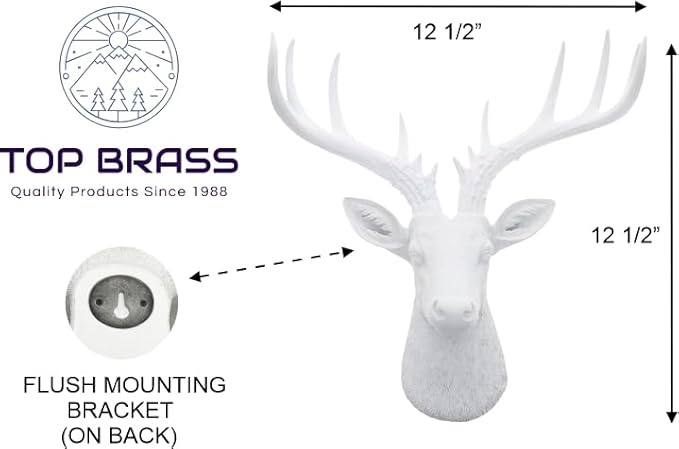 Top Brass 12 1/2" Faux White Deer Head/White Antlers Wall Decor - Modern Minimalism Taxidermy Art Sculpture
