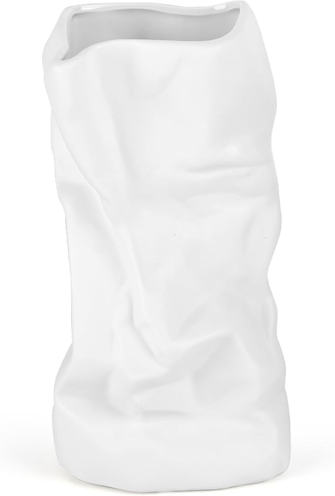8.4" Paper Bag Vase, White Ceramic Vase, Handmade Irregular Crinkle Flower Vases, Unique Boho Minimalist Art Decorative Vase for Flowers, Modern Home Decor for Room Table Office Wedding Party