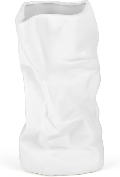 8.4" Paper Bag Vase, White Ceramic Vase, Handmade Irregular Crinkle Flower Vases, Unique Boho Minimalist Art Decorative Vase for Flowers, Modern Home Decor for Room Table Office Wedding Party