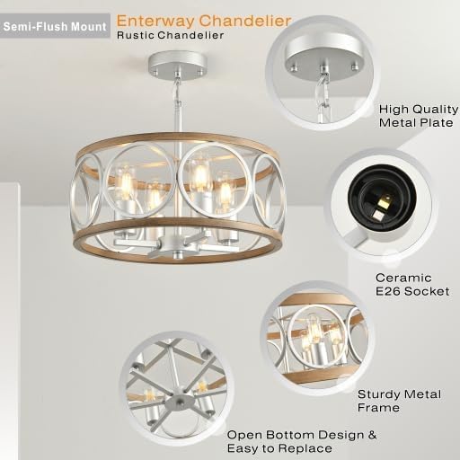 Light Fixture Ceiling Mount,4-Light Farmhouse Metal Semi Flush Mount Ceiling Light Fixture 15.7" (Silver),Rustic Chandeliers for Living Room Bedroom Dining Room Entryway Hallway Kitchen