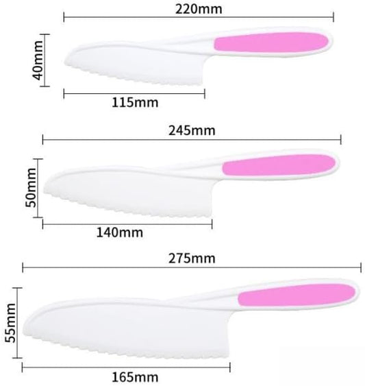 3 Pcs Kids Knife Set for Real Cooking, Kid Safe Knives for Cutting, Kids Cooking and Baking Set, Plastic Knives, Kitchen Set (Pink)