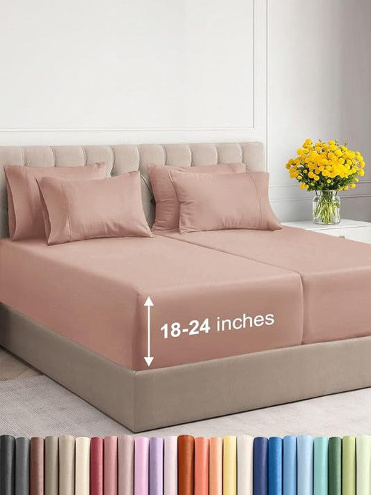 Extra Deep Split King Sheet Set - 7 Piece Breathable & Cooling Sheets - Hotel Luxury Bed Sheets Set - Easy & Secure Fit - Soft, Wrinkle Free & Comfy Sheets Set - Mauve Sheet Set w/Extra Deep Pockets
