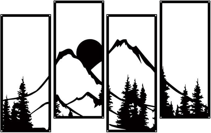 ruelen 4 Pcs Metal Sunset Mountain Forest Wall Decor, Abstract Minimalist Line Drawing Large Mountains Wall Art Home Decor for Living Room Bathroom Bedroom Office Indoor And Outdoor (Black, Large)