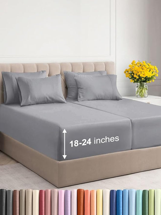 Extra Deep Split King Sheet Set - 7 Piece Breathable & Cooling Sheets - Hotel Luxury Bed Sheets Set - Easy Fit - Soft, Wrinkle Free & Comfy Sheets Set - Steel Blue Sheet Set with Extra Deep Pockets
