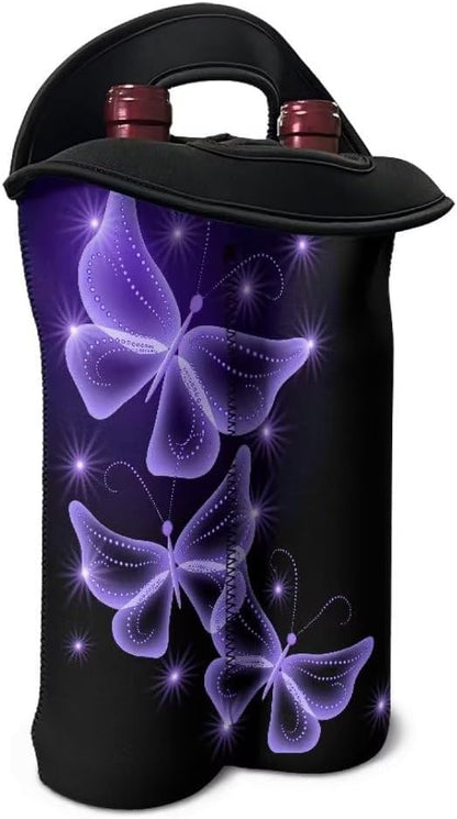 doginthehole Butterfly Wine Carrier Tote Bag 2 Bottle Pockets Insulated Neoprene Wine/Water Bottle Holder for Travel with Secure Carry Handle, Portable Wine Carrying Bag Gift for Women Wine Lovers