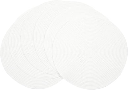 SHACOS Round Braided Placemats Set of 6 Round Table Mats for Dining Table 15 inch Washable Cotton Polyester Place Mat (White, 6)