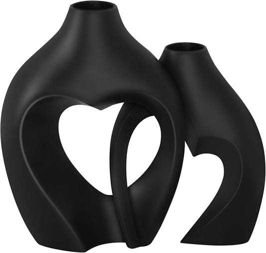 Black Vases for Decor, Heart Shaped Ceramic Vase Set of 2, Nordic Modern Boho ins Style Decorative Ceramic Aesthetic Flower Vase for Home Decor, Living Room Office House Decoration