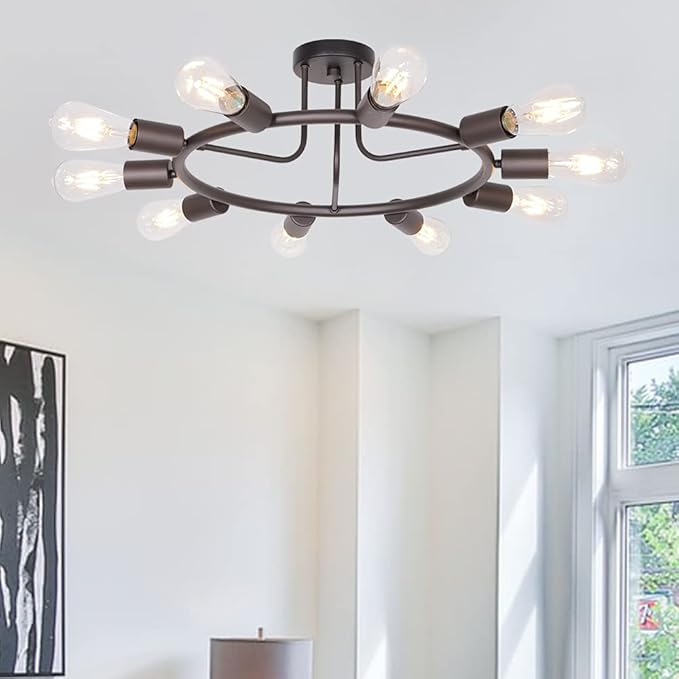BONLICHT Modern Sputnik Chandelier Oil-Rubbed Bronze 10-Light Mid Century Semi Flush Mount Ceiling Light Fixture Retro Chandelier Lighting for Living Room Dining Room Bedroom