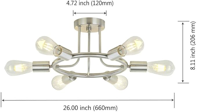 BONLICHT Sputnik Chandelier Brushed Nickel Modern Starburst Chandelier 6 Lights Semi Flush Mount Ceiling Light Industrial Vintage Dining Room Light Fixture UL Listed