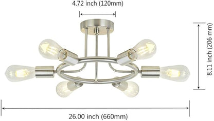 BONLICHT Sputnik Chandelier Brushed Nickel Modern Starburst Chandelier 6 Lights Semi Flush Mount Ceiling Light Industrial Vintage Dining Room Light Fixture UL Listed