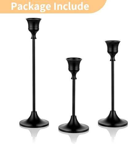Nuptio 3 Pcs Black Candlestick Holders Taper Candles Holder Candle Stick Holder for Dining Table, Candle Holders for Tapered Candles, Decorative Centerpiece for Wedding Christmas Party Housewarming