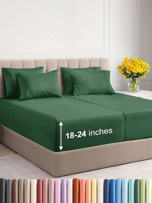 Extra Deep Split King Sheet Set - 7 Piece Breathable & Cooling Sheets - Hotel Luxury Bed Sheets Set - Easy Fit - Soft, Wrinkle Free & Comfy Sheets Set - Emerald Green Sheet Set w/Extra Deep Pockets