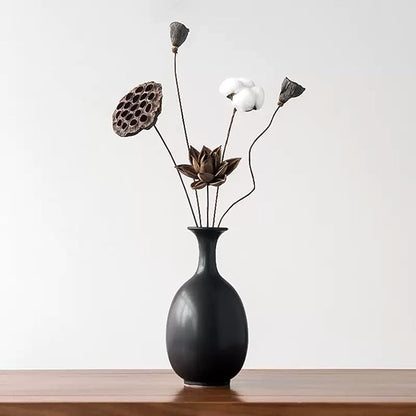 Black Ceramic Vase with Dried Flowers, Handmade in Jingdezhen, for Modern Home Decor Office Bookshelf Tables Living Room Bedroom Shelf Decor Entryway Dry Flower Arrangement Ornament