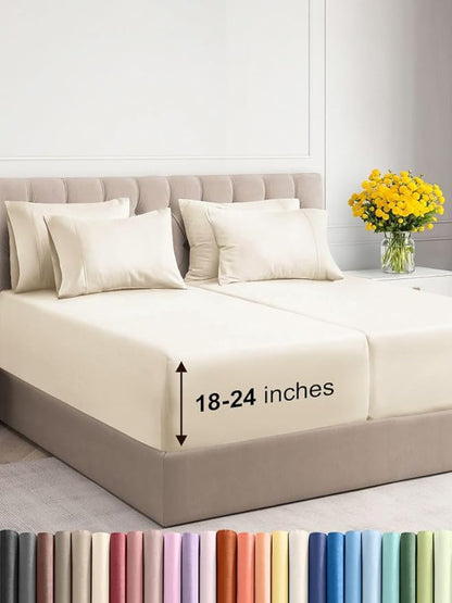 Extra Deep Split King Sheet Set - 7 Piece Breathable and Cooling Sheets - Hotel Luxury Bed Sheets Set - Easy Fit - Soft, Wrinkle Free and Comfy Sheets Set - Off White Sheet Set with Extra Deep Pockets