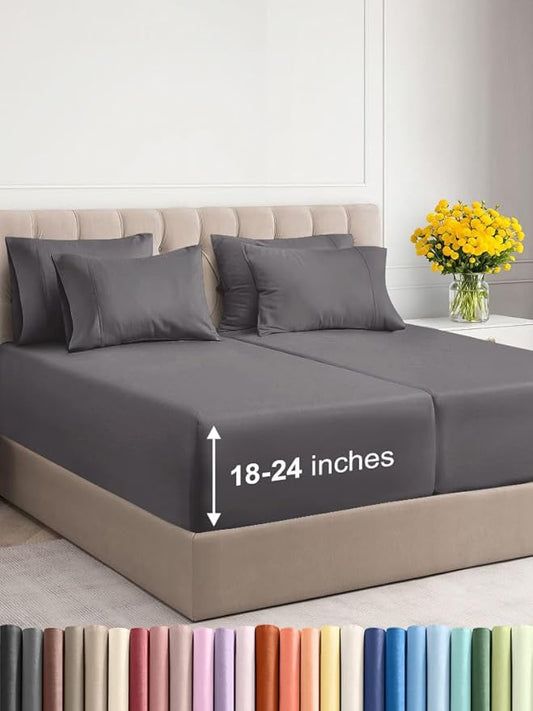 Extra Deep Split King Sheet Set - 7 Piece Breathable and Cooling Sheets - Hotel Luxury Bed Sheets Set - Easy Fit - Soft, Wrinkle Free and Comfy Sheets Set - Dark Grey Sheet Set with Extra Deep Pockets