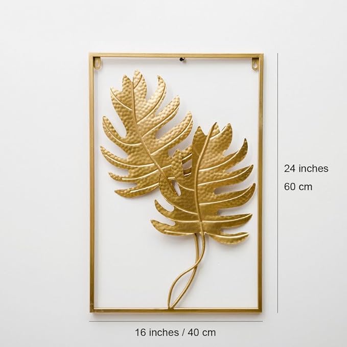 MKUN Set of 2 Iron Wall Sculptures -Gold Metal Leaf Wall Hanging Home Decor with Frame, Modern Luxury Wall Art Decor for Living Room, Bedroom, Office, Hotel, Large 24" X 16" (Gold_A)