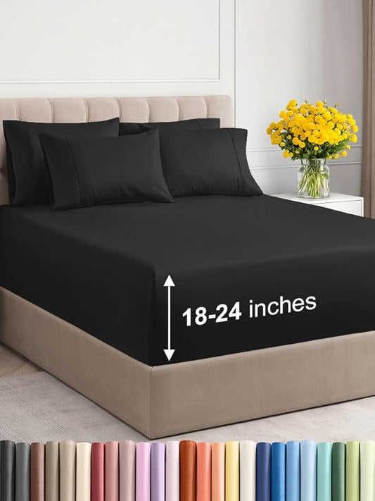 Extra Deep Cal King Sheet Set - 6 Piece Breathable & Cooling Sheets - Hotel Luxury Bed Sheets Set - Easy & Secure Fit - Soft, Wrinkle Free & Comfy Sheets Set - Black Sheet Set with Extra Deep Pockets