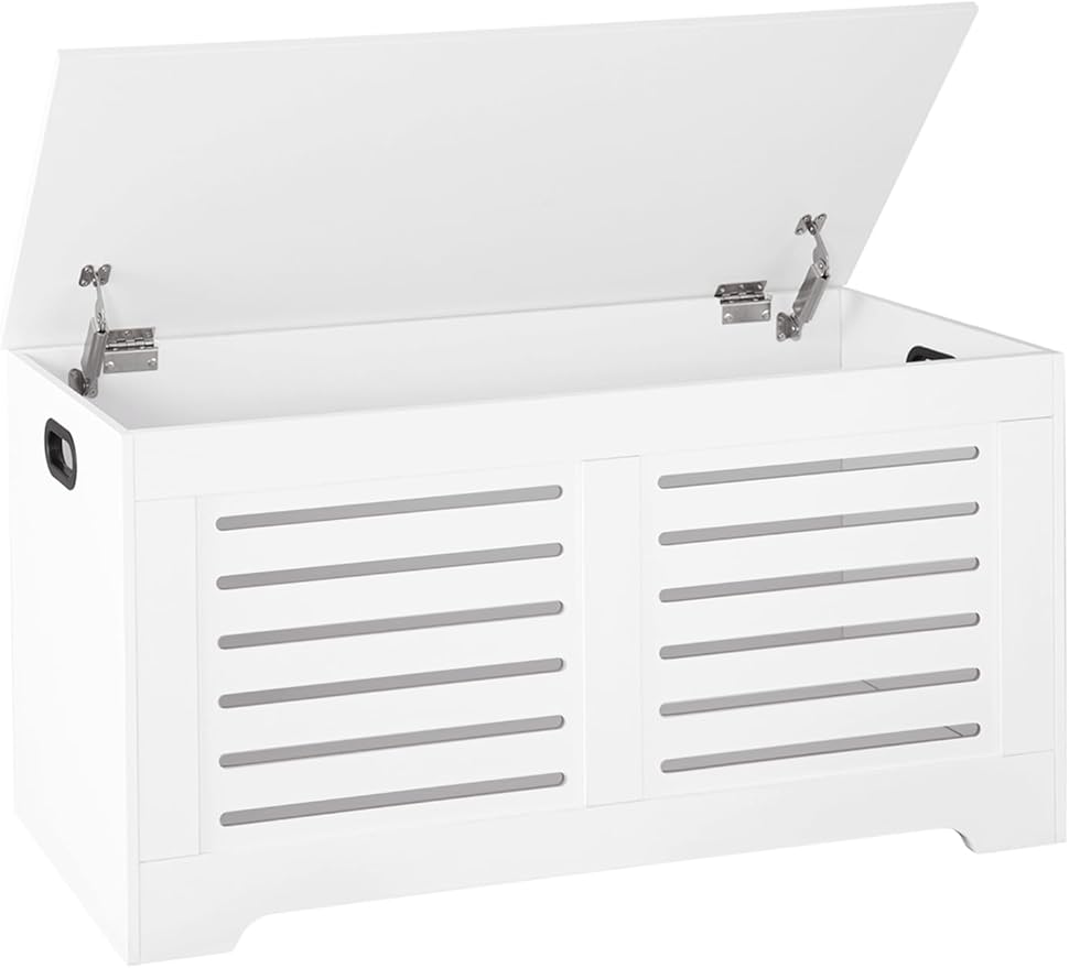 DINZI LVJ Storage Chest, 39.4”Wooden Toy Box with 2 Safety Hinges, Retro Entryway Shoe Storage Bench with Flip-Top, Sturdy Large Storage Trunk for Living Room, Bedroom, Easy Assembly, White