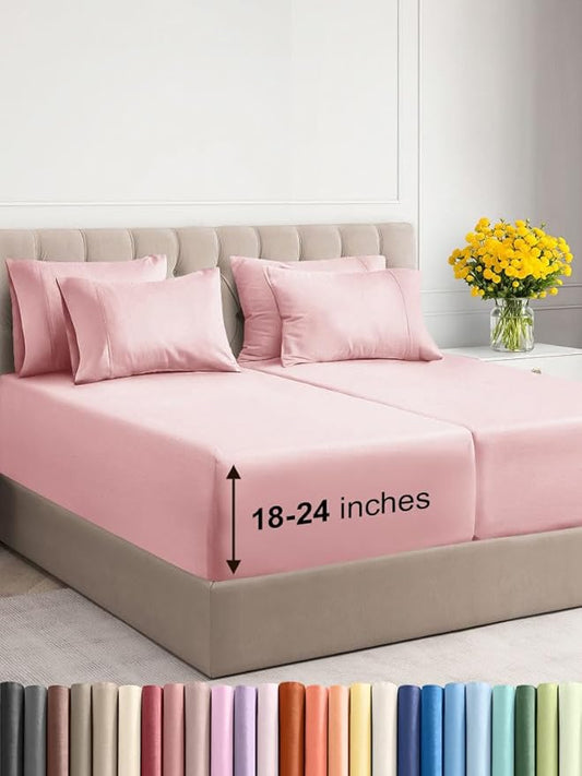 Extra Deep Split King Sheet Set - 7 Piece Breathable and Cooling Sheets - Hotel Luxury Bed Sheets Set - Easy Fit - Soft, Wrinkle Free and Comfy Sheets Set - Baby Pink Sheet Set with Extra Deep Pockets