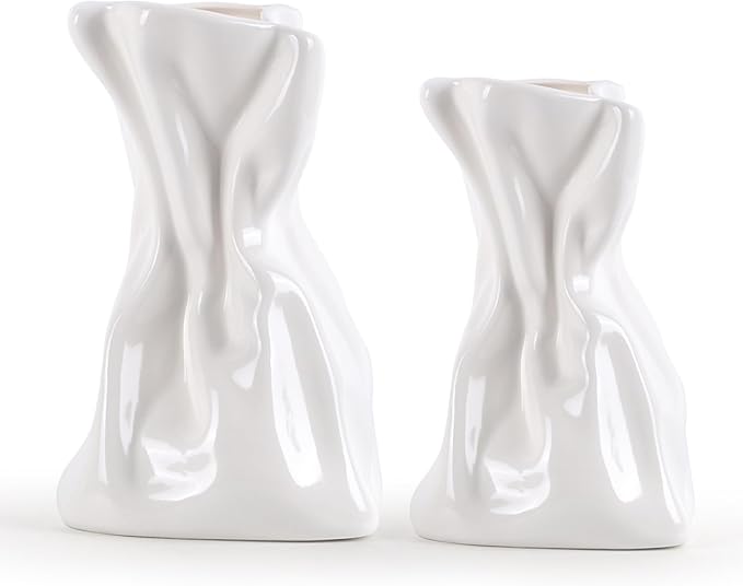 2 PCS Paper Bag Vase, White Ceramic Vase, Irregular Crinkle Flower Vases, Unique Boho Minimalist Art Decorative Vase for Flowers, Modern Home Decor for Room Table Office Wedding Party