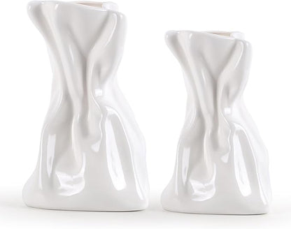 2 PCS Paper Bag Vase, White Ceramic Vase, Irregular Crinkle Flower Vases, Unique Boho Minimalist Art Decorative Vase for Flowers, Modern Home Decor for Room Table Office Wedding Party