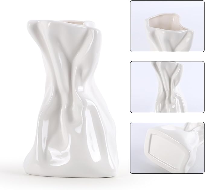 2 PCS Paper Bag Vase, White Ceramic Vase, Irregular Crinkle Flower Vases, Unique Boho Minimalist Art Decorative Vase for Flowers, Modern Home Decor for Room Table Office Wedding Party