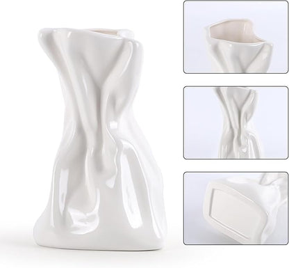 2 PCS Paper Bag Vase, White Ceramic Vase, Irregular Crinkle Flower Vases, Unique Boho Minimalist Art Decorative Vase for Flowers, Modern Home Decor for Room Table Office Wedding Party