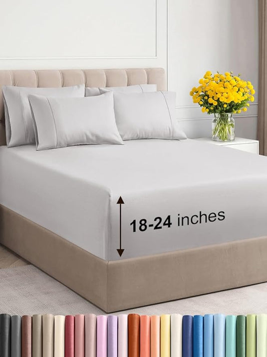 Extra Deep Full Sheet Set - 6 Piece Breathable & Cooling Sheets - Hotel Luxury Bed Sheets Set - Easy & Secure Fit - Soft, Wrinkle Free & Comfy Sheets Set - French Grey Sheet Set w/Extra Deep Pockets