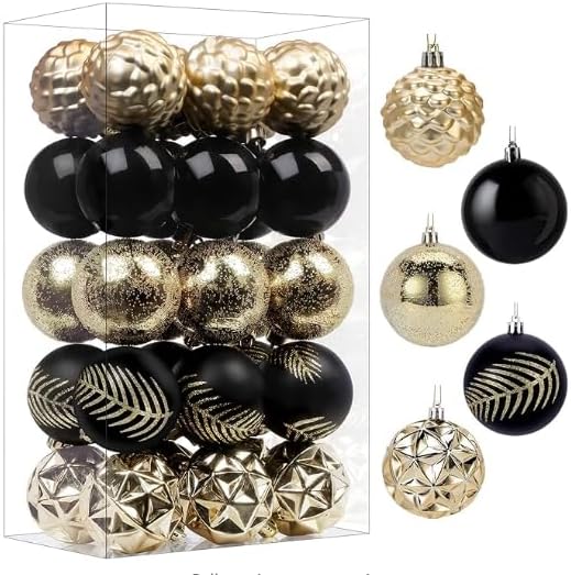 SHareconn 30ct 2.36 Inch Christmas Tree Balls Ornaments, Colored Shatterproof Plastic Decorative Baubles Decorations for Xmas Tree Decor Holiday Party Wedding Decoration (Black & Gold, 60mm)