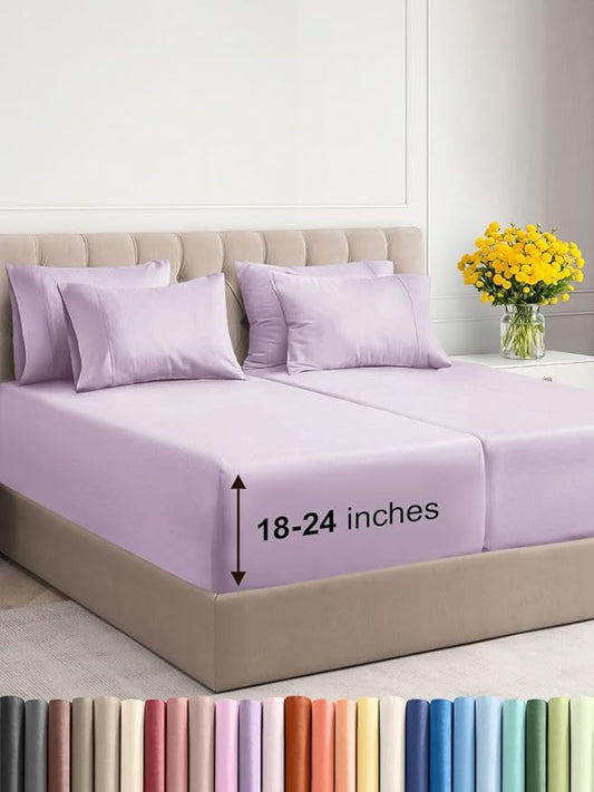 Extra Deep Split King Sheet Set - 7 Piece Breathable & Cooling Sheets - Hotel Luxury Bed Sheets Set - Easy Fit - Soft, Wrinkle Free & Comfy Sheets Set - Light Lavender Sheet Set w/Extra Deep Pockets
