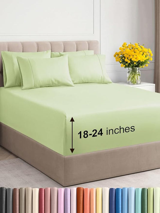 Extra Deep Queen Sheet Set - 6 Piece Breathable & Cooling Sheets - Hotel Luxury Bed Sheets Set - Easy & Secure Fit - Soft, Wrinkle Free & Comfy Sheets Set - Light Sage Sheet Set w/Extra Deep Pockets