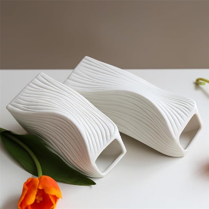 White Ceramic Vase Set of 2 for Modern Home Decor, Geometric Ribbed Fluted Textured Vases Pampas Grass Neutral Nordic Boho Minimalist Flower Vase for Living Room Bedroom Wedding Dining Table Office