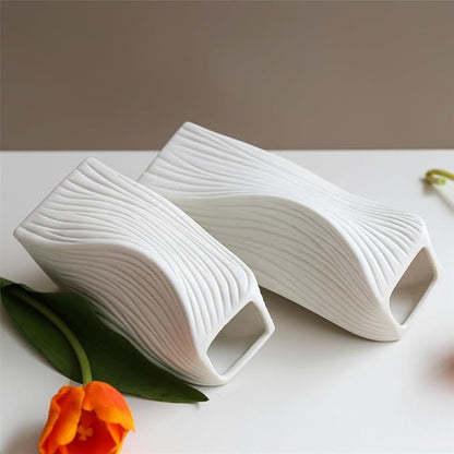 White Ceramic Vase Set of 2 for Modern Home Decor, Geometric Ribbed Fluted Textured Vases Pampas Grass Neutral Nordic Boho Minimalist Flower Vase for Living Room Bedroom Wedding Dining Table Office