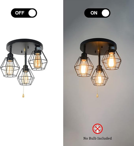 Industrial Pull Chain Ceiling Light Fixture, Black Metal Cage Semi Flush Mount Lighting with Pull String Modern Steampunk Entryway Kitchen Light 3 Lights Edison E26 BW17154