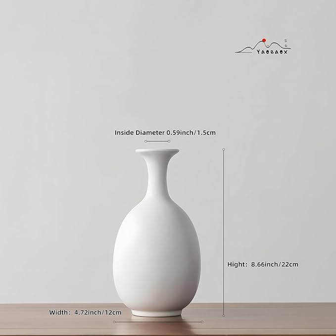 White Ceramic Vase with Dried Flowers, Handmade in Jingdezhen, for Modern Home Decor Office Bookshelf Tables Living Room Bedroom Shelf Decor Entryway Dry Flower Arrangement Ornament