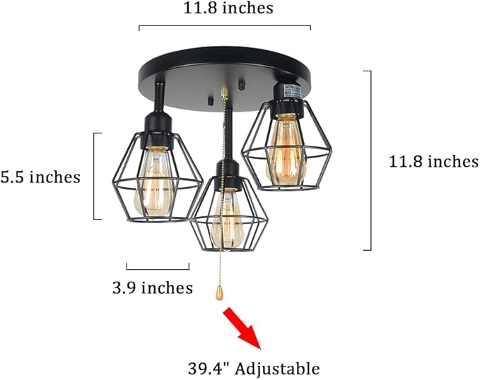 Industrial Pull Chain Ceiling Light Fixture, Black Metal Cage Semi Flush Mount Lighting with Pull String Modern Steampunk Entryway Kitchen Light 3 Lights Edison E26 BW17154